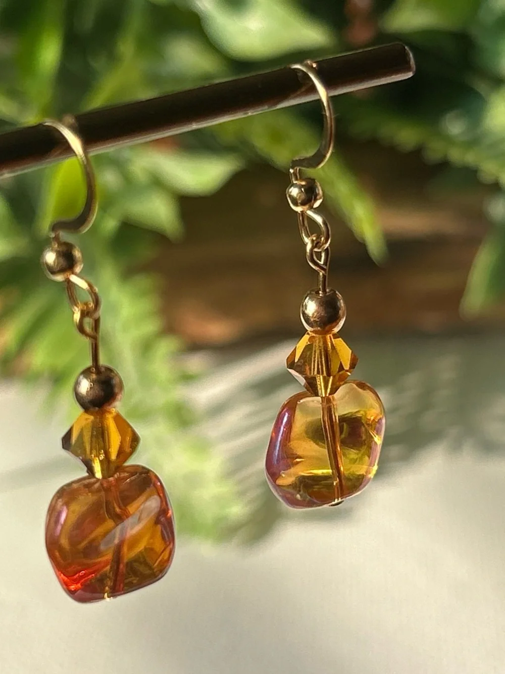 Amber Glass-like Drop Earrings with Gold Accents